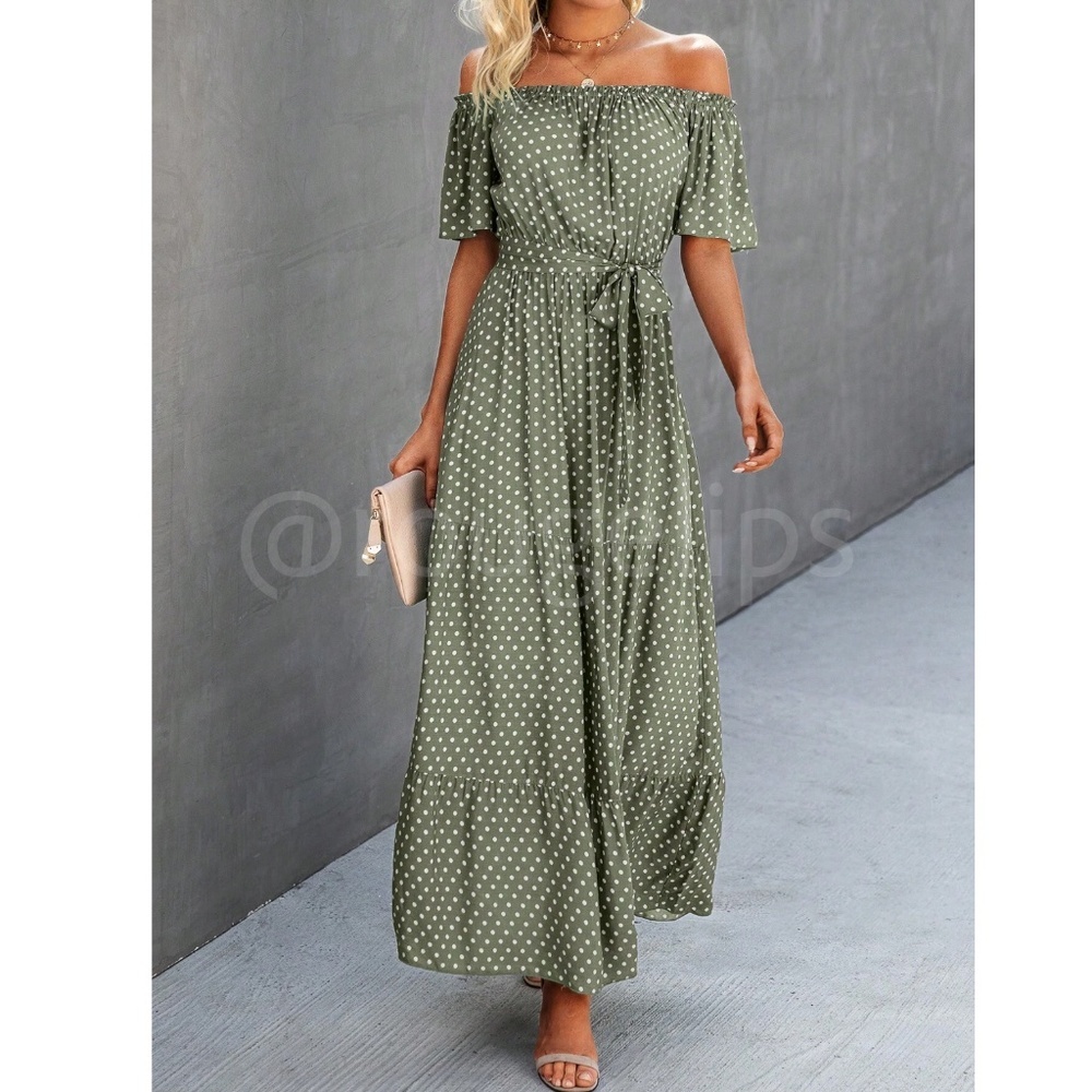 Off Shoulder Green Polka Dot Maxi Dress Flared, Flounce, Long, Belted